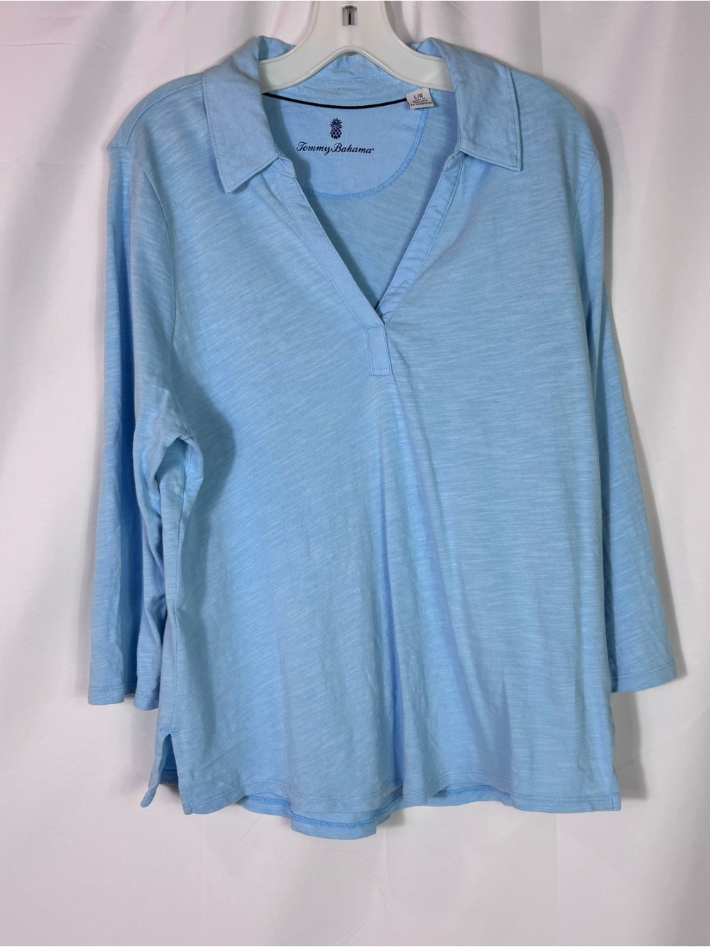 Tommy Bahama Sky Blue Slub Cotton 3/4 Sleeve Coastal Top L Grandmillennial Resot